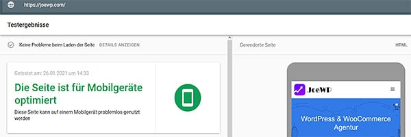 JoeWP WordPress Agentur - Test auf Optimierung für Mobilgeräte