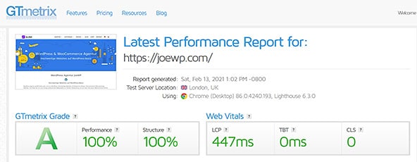 JoeWP WordPress Agentur - Performance Test GTMetrix