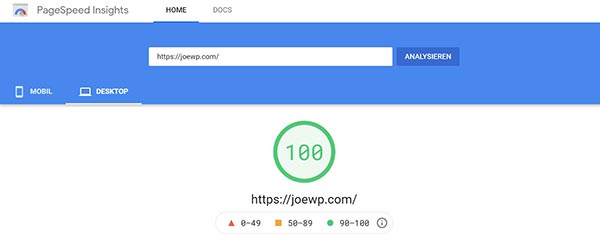 JoeWP WordPress Agentur - Google PagSpeed Insights Test Desktop