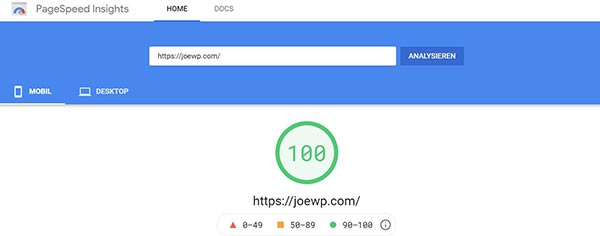 JoeWP WordPress Agentur - Google PagSpeed Insights Test Mobile